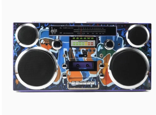 -Style Portable Boombox - CD Player, Cassette Player, FM Radio, USB, Wireless Bluetooth Speaker - Silver